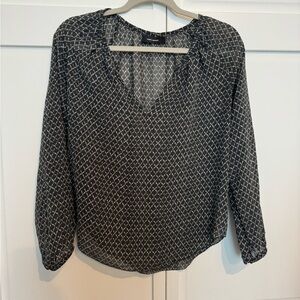 Isabel Marant Paris Sheer Geometric V-Neck Long Sleeve Blouse 38 | Grey White